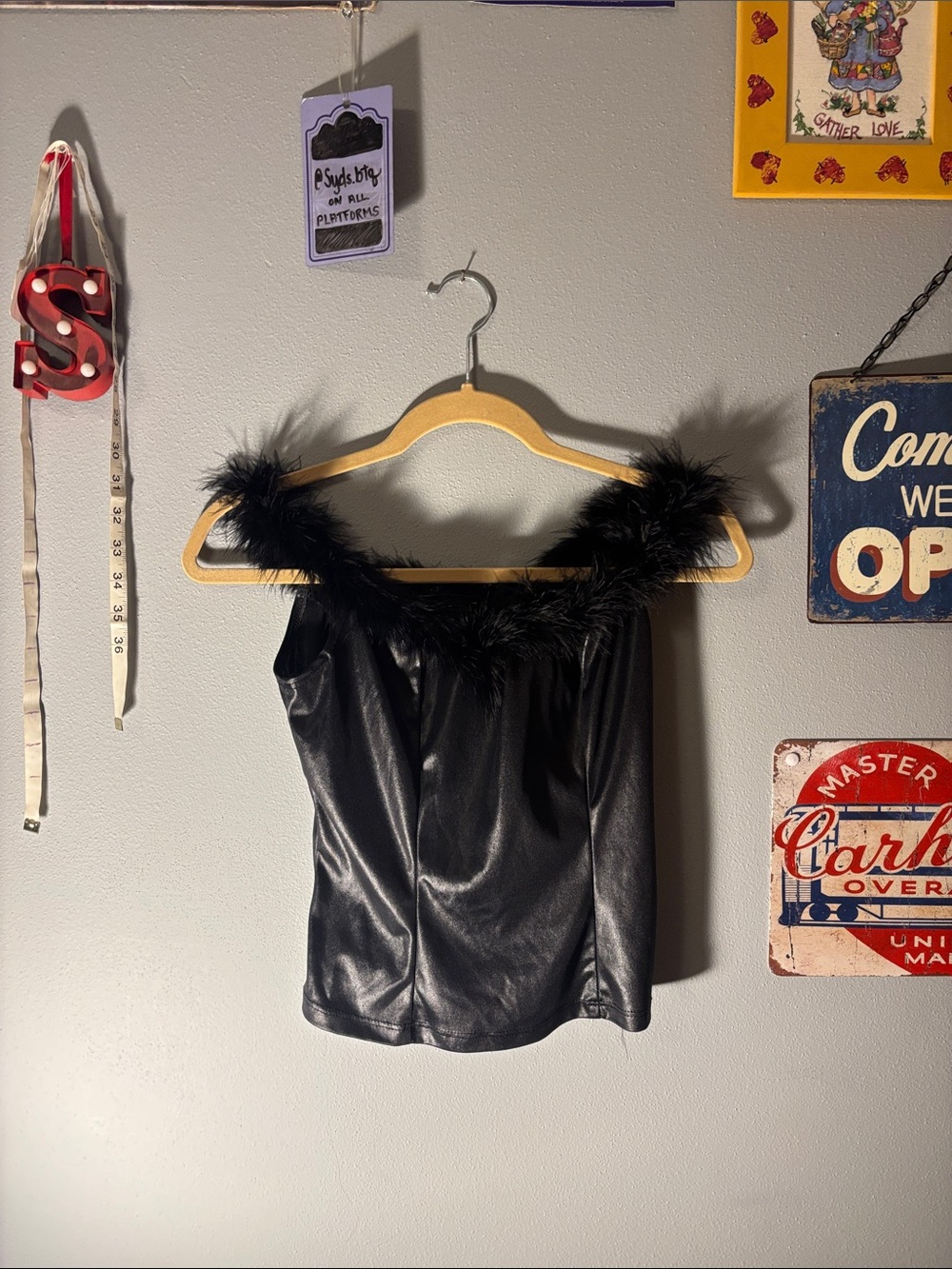 y2k Black Faux Leather Feather-Trim top